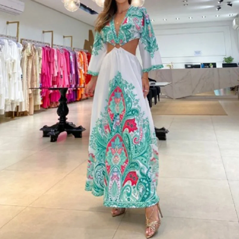 

Women Fashoin Print Casual Loose Boho Long Sundress Elegant Flare Sleeve Beach Maxi Dress Lady Sexy V Neck Cut Off Party Dresses