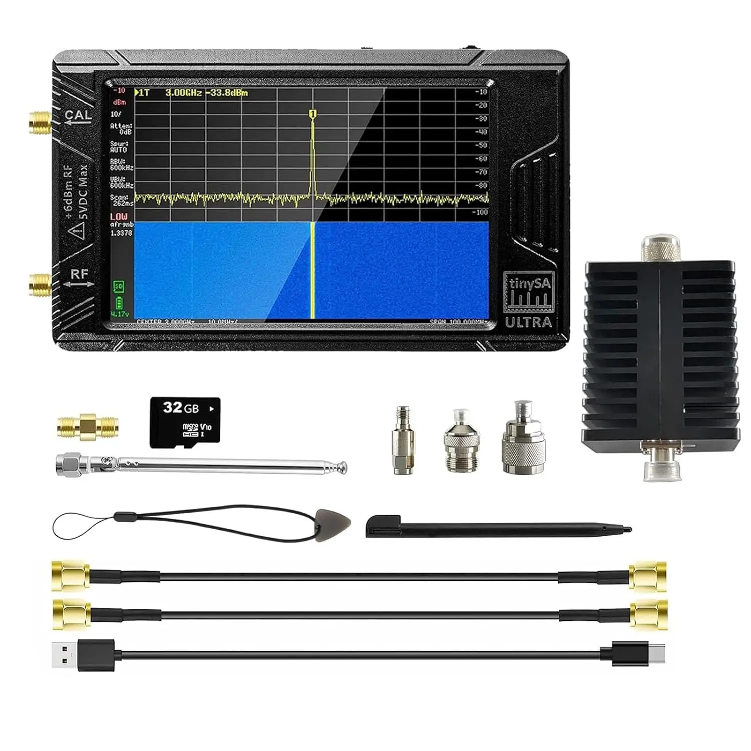 

4inch TinySA Ultra Spectrum Analyzer 100kHz-5.3GHz, V0.4.5.1 Portable Tiny Frequency Analyzer with 32Gb Card, 2in1 Signa