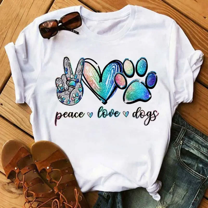 

Summer Maycaur Fashion Women Dogs Paws T Shirt Peace Love Dogs Funny Casual O-neck Short Sleeves T-shirt Kawaii Female Tee Shirt