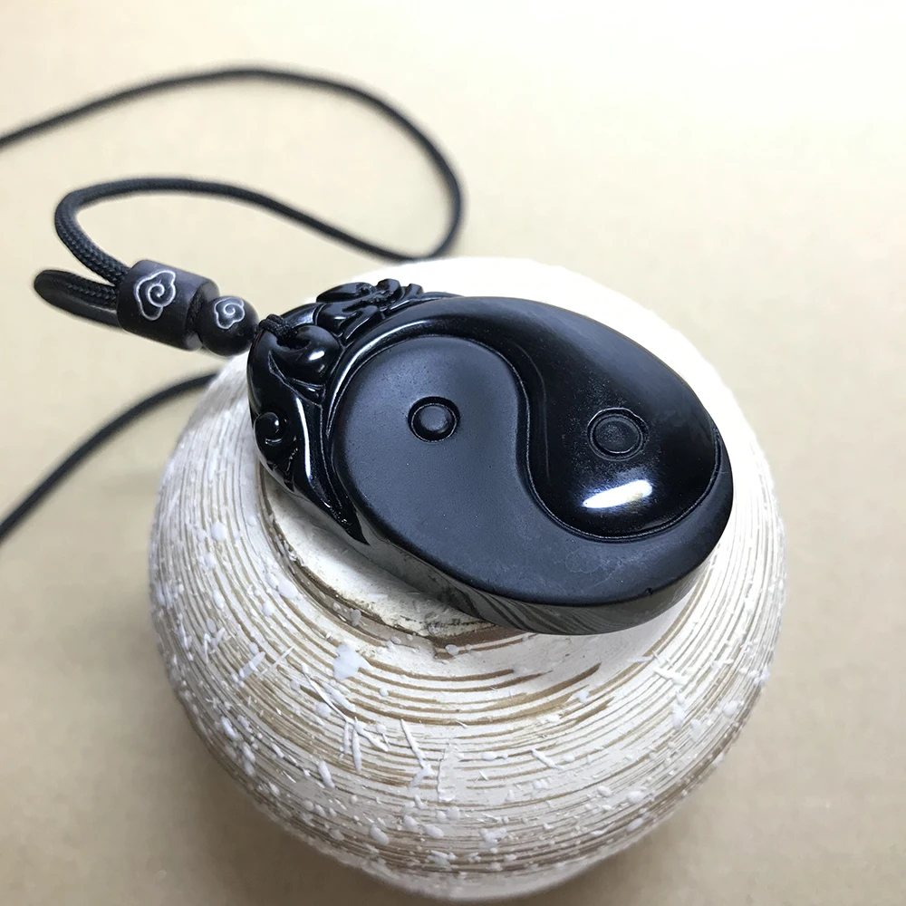 Natural Black Obsidian Tai Chi Gossip Necklace Pendant Yin Yang Tai Chi Necklace Jewelry for Men Women