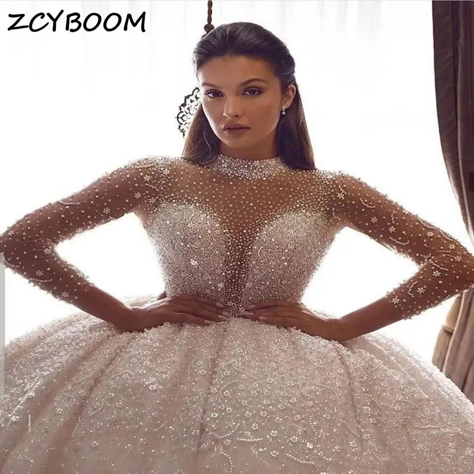 

Customized Luxury Beaded Ball Gown High-Neck Wedding Dress 2025 Court Train Sparkly Tulle Bridal Gowns For Europe African Women