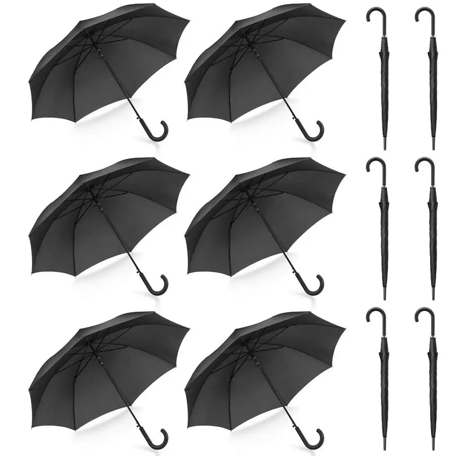 

Pack of 12 Parties Events Stick Umbrellas 46 Large Canopy Windproof Auto Open J Hook Handle in Bulk Matte Black