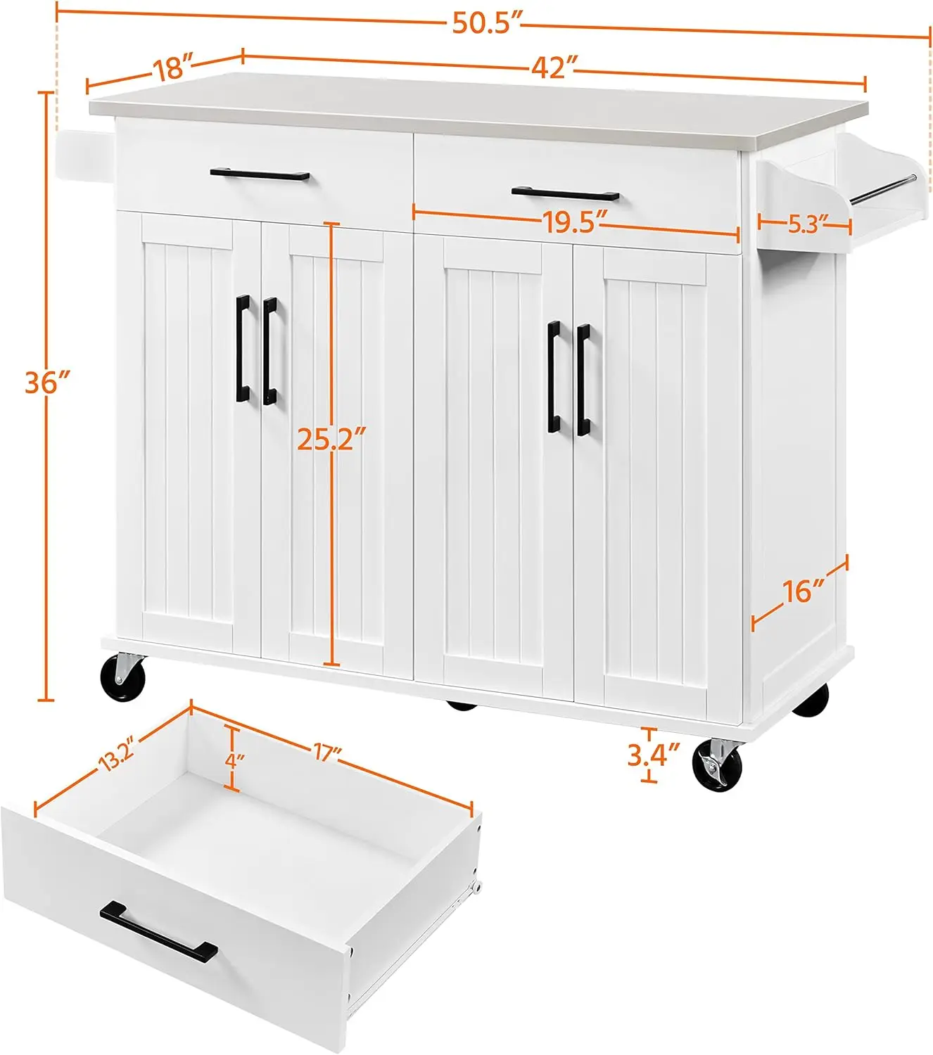 Kitchen Island Cart with Storage & Stainless Steel Countertop, Portable Kitchen Island on Wheels with Cabinet & Adjustable Shelv