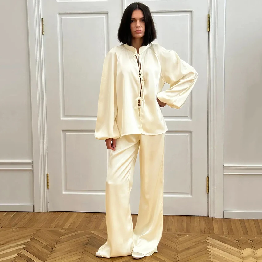 

HiLoc Elegant Silk Trousers Suit Pajamas Woman Vintage Turtleneck Blouse With High Waist Pants 2 Piece Sets 2026 Apricot Pyjamas
