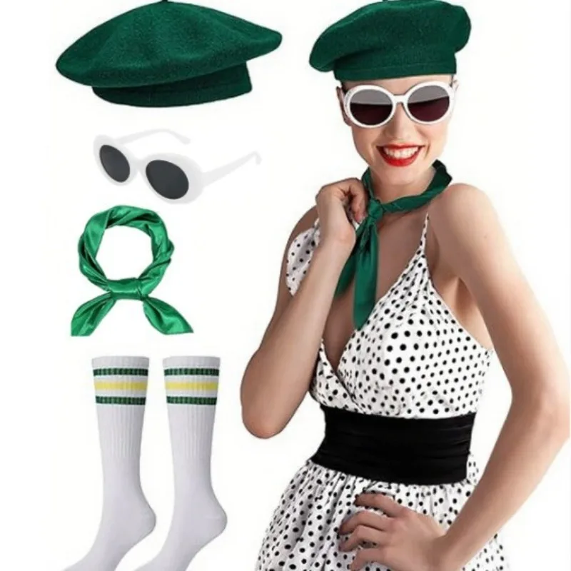 

Retro 80s French Theme Party Costume Set Vintage Beret Hip Hop Sunglasses Scarf Sash Shoulder Accessories Women Cosplay Dress Up