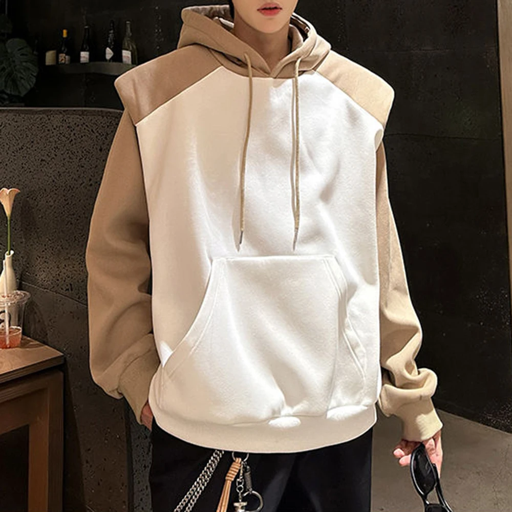 Mens Hoodies Contrast Color Stitching Shoulder Pad Sweatshirt Autumn Streetwear Fashion Campus Long Sleeve Tops Men'S Clothing