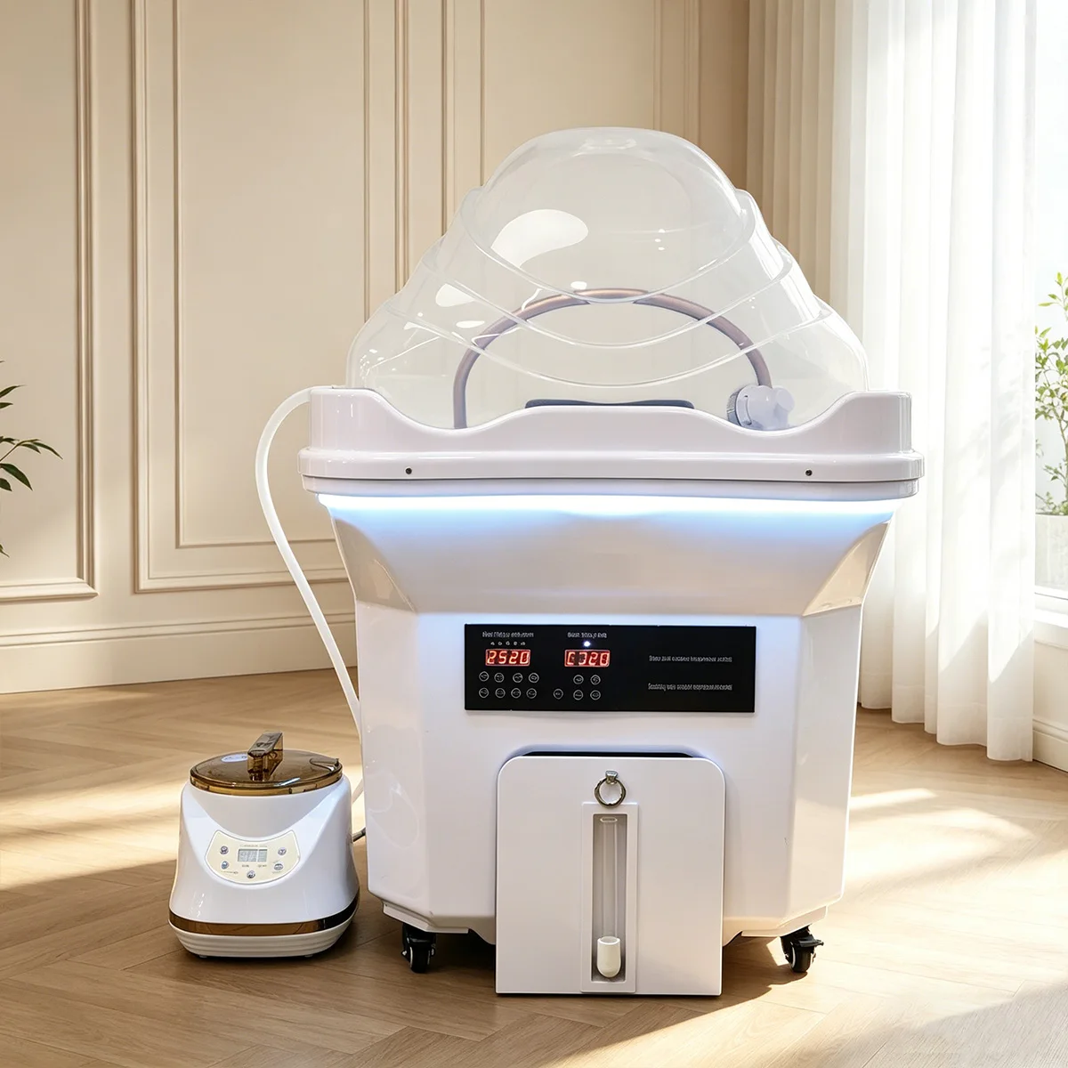 

Hair Salon Portable Head Spa Basin Without Pipes - Shower Basin - Sink - with Steam LED Light Therapy - Bottom Wheel Fixation