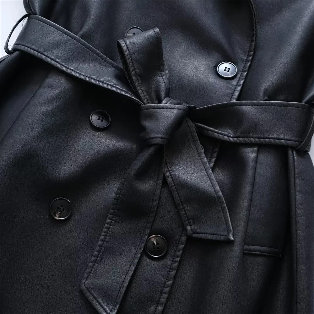 ZA2024 Autumn New Women\'s Fashion Style Slimming and Versatile Solid Color Collar Leather Coat Windcoat Coat