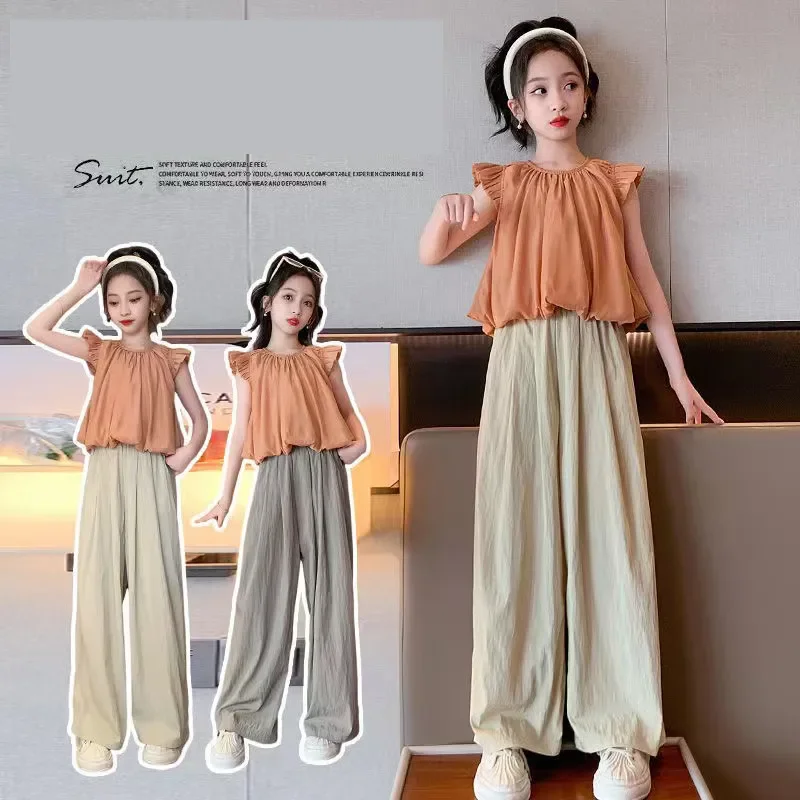 

Summer Girls Fashion Casual Set 2Pcs Short Sleeved Tops & Long Wide Leg Pants Kids Boutique Clothes for 2-15Y Mummy &Me Outfits