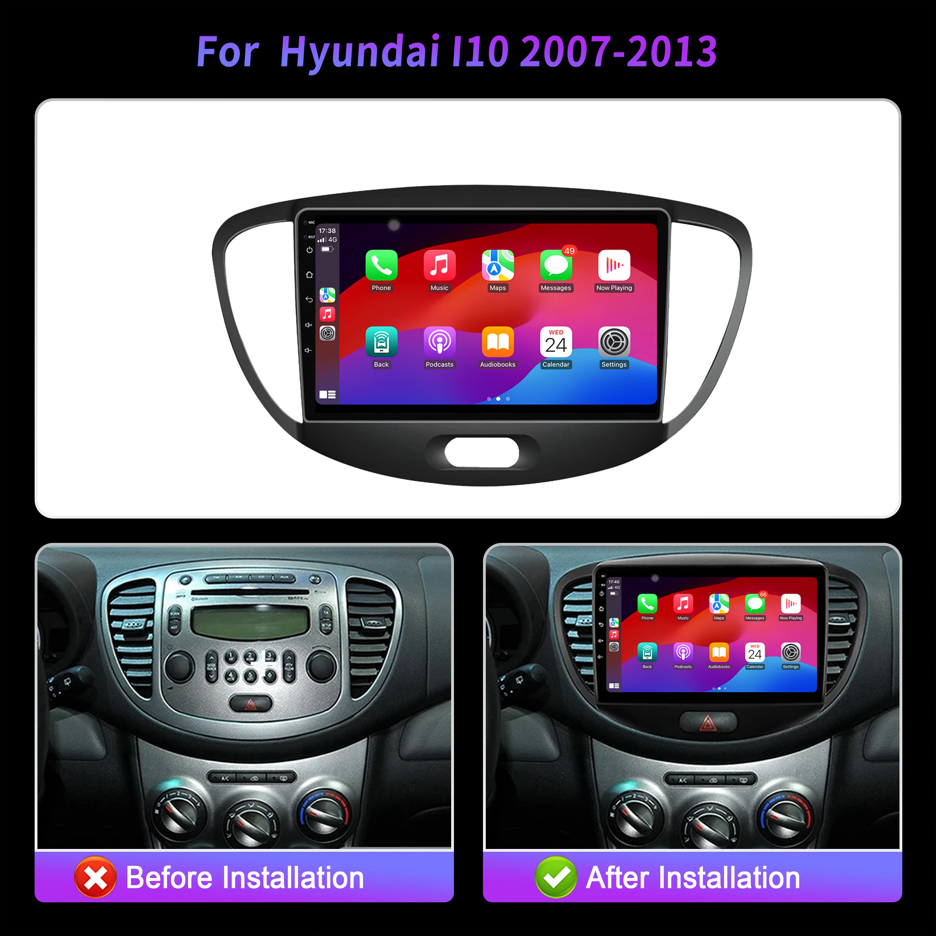 Android 14 For Hyundai I10 2007-2013 Car Radio Multimedia Navigation Intelligent system GPS Carplay Touch 2K QLED Screen Stereo
