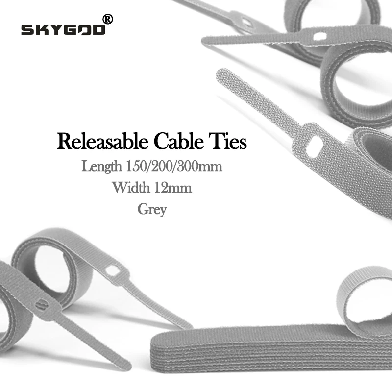 Grey Releasable Cable Ties Wire Organizer 150 200 300mm Nylon Hook Loop Straps Wrap Zip Bundle Bandage Tie Plastics Fastening
