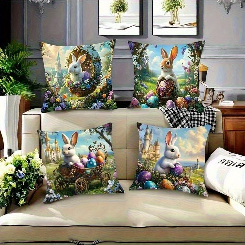 Premium 4 Piece Easter Bunny Spring Throw Pillow Set Rabbit Egg Nest Seasonal Decor Cushion Covers for Holiday Home