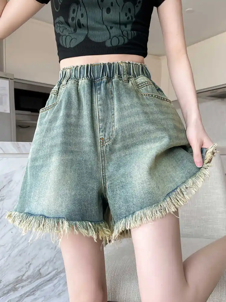 

Vintage Blue Denim Shorts Women Summer Oversized Elastic Waist A-line Wide Leg Raw Edge Short Jeans Loose Shorts Female