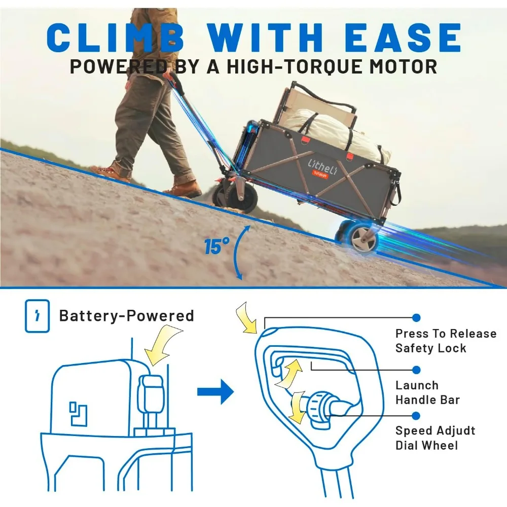 Carro utilitario eléctrico con batería con ruedas todo terreno, capacidad de 200 litros, capacidad de carga de 300 libras, velocidad variable, pesado