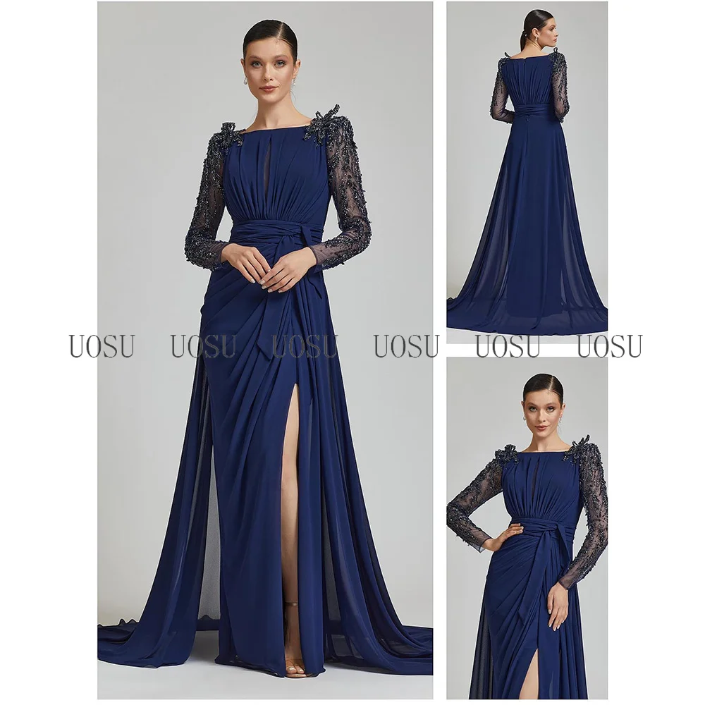 Lilac Mother of the Bride/Groom Dresses Long Sleeves Beaded Luxury Women\'s Wedding Guest Gowns Scoop Split Formal Evening Dress