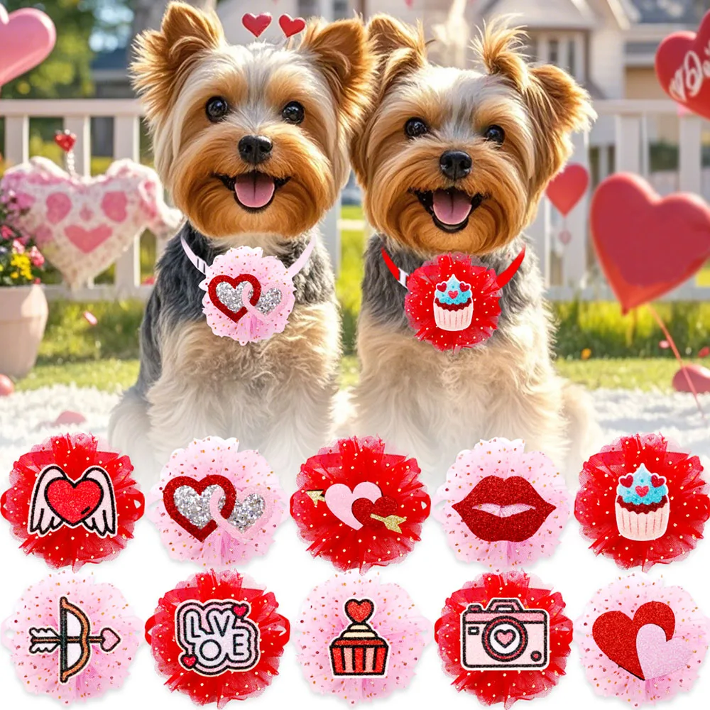 20/40PCS Valentine's Day Collars For Dogs Lace Dog Bowties Fashion Small Cat Dog Bow Ties Collars New Pet Grooming Accessories