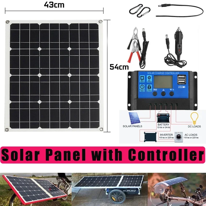 100W Solar Panel with 10-100A Controller Waterproof USB Port Solars Plate Battery Charger for Phone Power Bank Outdoor Home Use