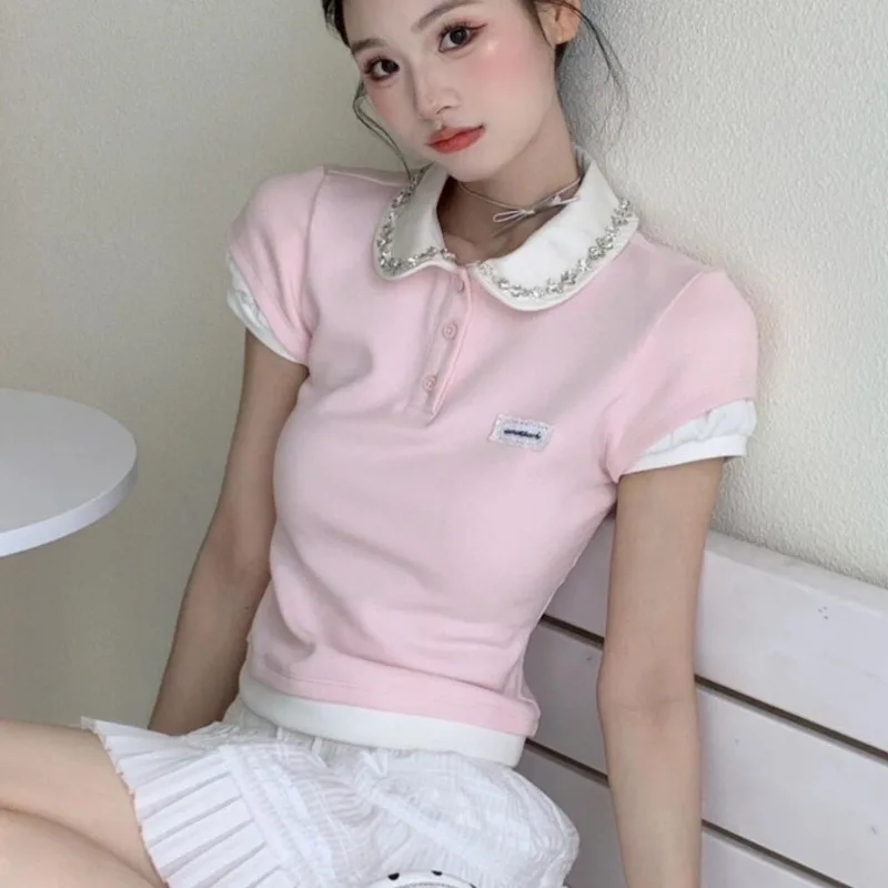 

Pink Tops Summer New Women Clothes Splicing Fake Two Piece Polo Diamond Collar Tees Short Sleeve T Shirts Age Reducing Y2k Top