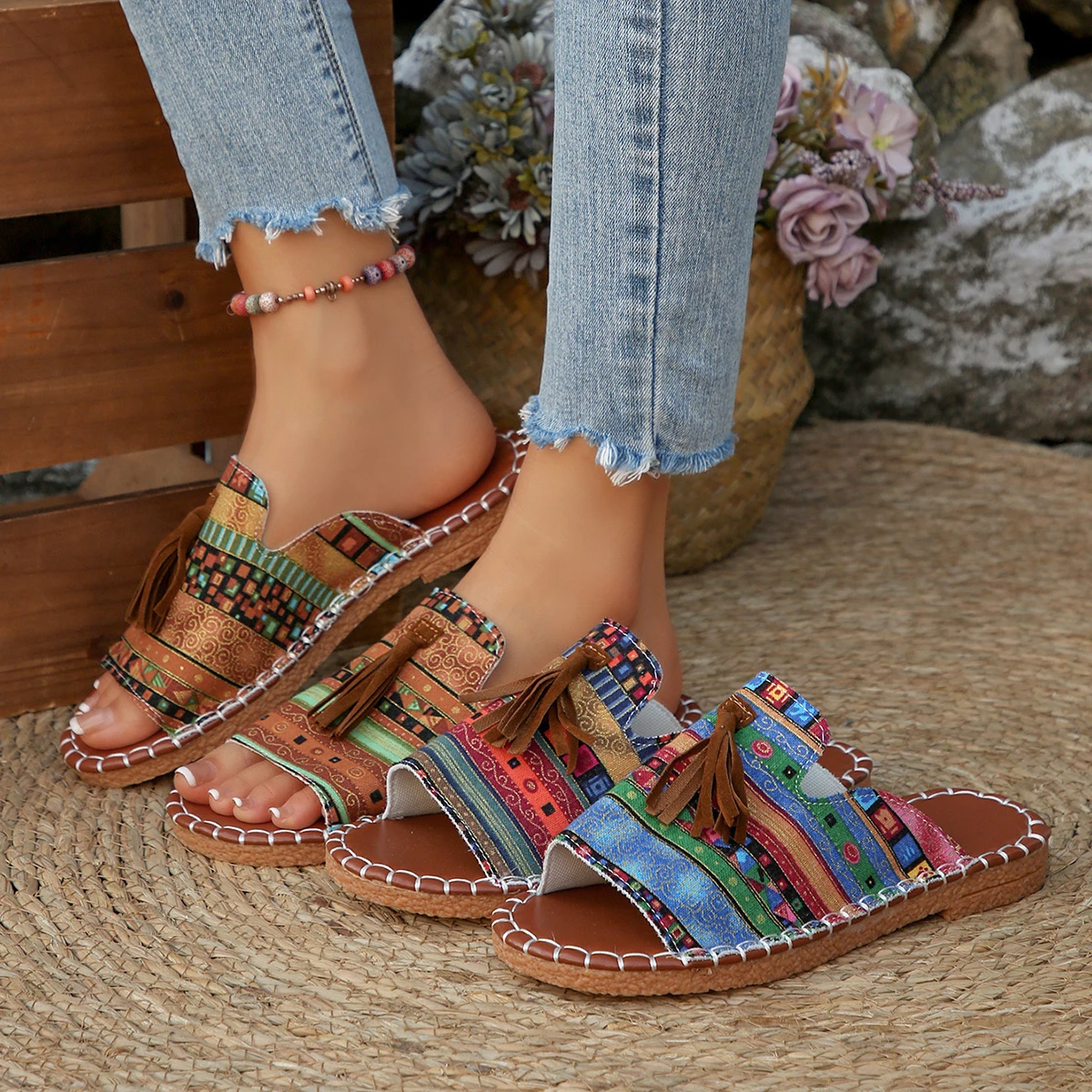 Sandalias Abiertas Cómodas para Mujer, Diseño Tribal con Borlas, Calzado Casual Estilo Boho
