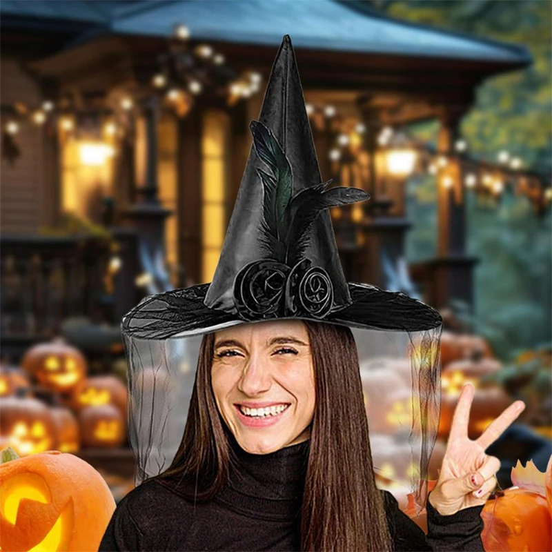 Halloween Women'S Black Witch Hat Flower Feather Witch Hat  Mesh Pointed Hat  Role-Playing Costume Accessories