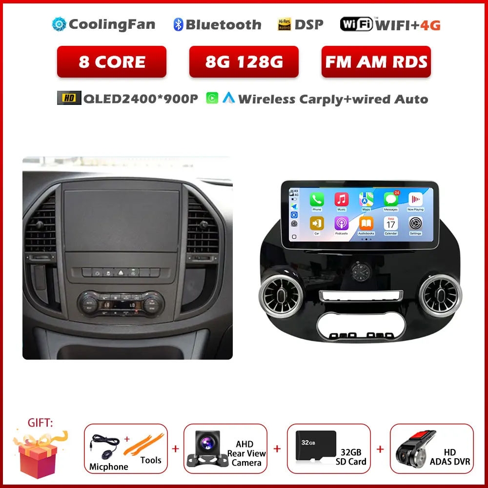 12,3 inch Android 15 autoradio voor Benz Vito W447 2014-2021 stereo-ontvanger GPS-navigatie DSP video Carplay-speler GEEN 2DIN DVD