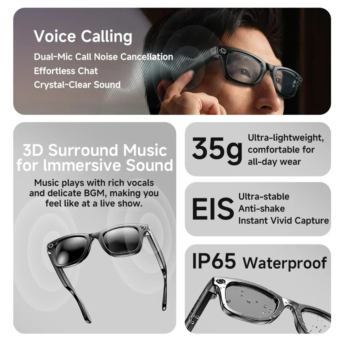 แว่นตาอัจฉริยะ KPEP AI พร้อมกล้องบันทึกวิดีโอ รองรับการโทรผ่านบลูทูธ แปลภาษาด้วย AI เล่นเพลง บันทึกเสียง ผู้ช่วยเสียงอัจฉริยะ สำหรับผู้ชายและผู้หญิง