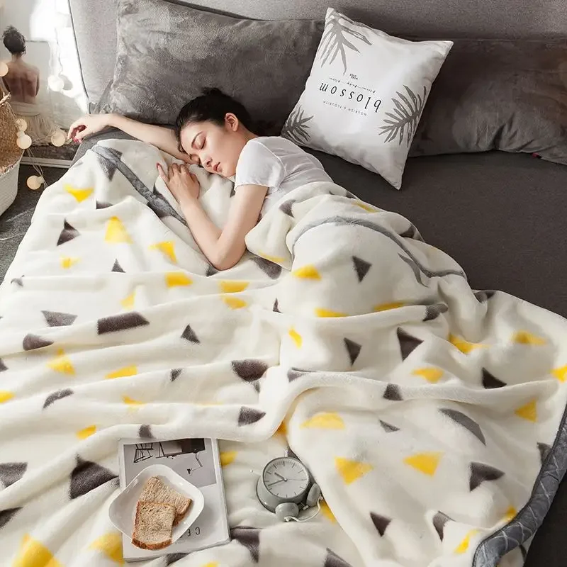 Simple Star Moon Pattern Sofa Blanket Thickened Coral Fleece Warm Bedding Double Layer Machine Washable Multi Purpose Blankets