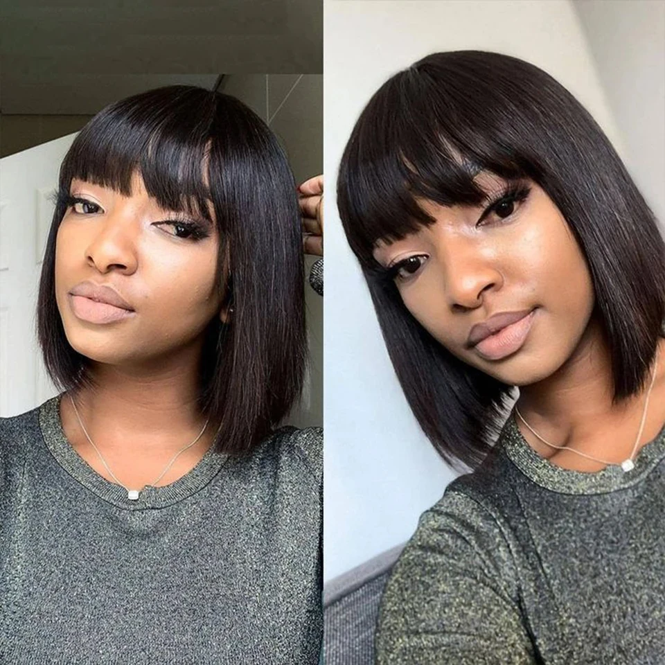 

Bone Straight Short Bob Wigs 3X1 Middle Part Lace Wig 100% Human Hair Wig With Bangs 10 12 Inch Preplucked Brazilian for Women