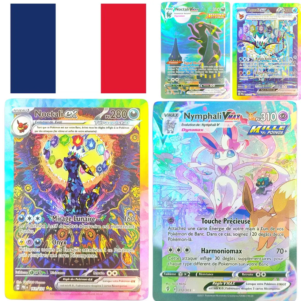 

French PKM PTCG Card Noctali Evoli Nymphali Aquali Mentali Givrali Pyroli Phyllali EX VMAX Trading Card Game Proxy Toy