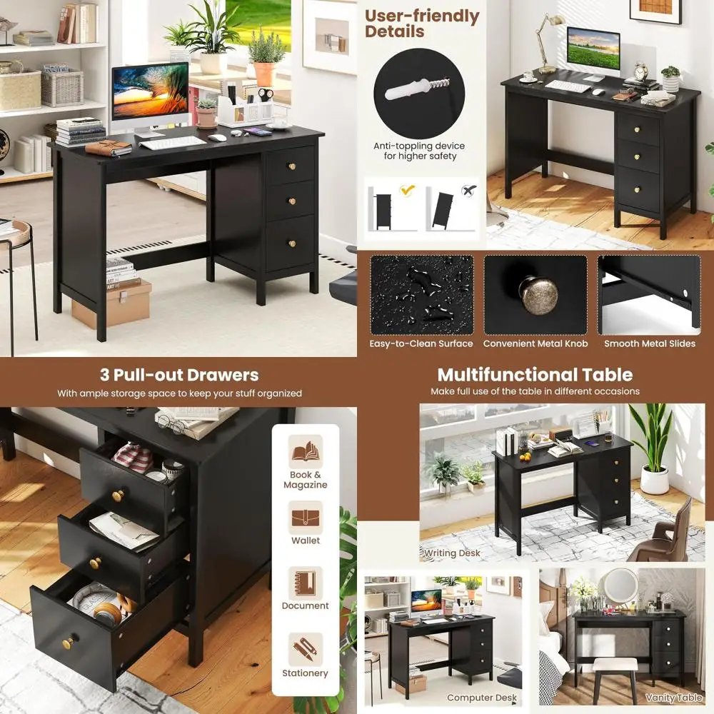 

Широкий письменный стол с системой хранения (48 дюймов) и защитой от опрокидывания, стол для ноутбука, деревянная рабочая станция для домашнего офиса или учебы, черный