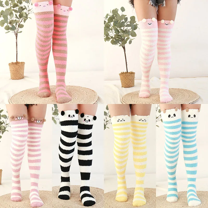 

Kawaii Japanese Animal Printed Knee Socks Striped Cute Long Thigh High Socks Winter Christmas Girls Home Thermal Long Plush Sock