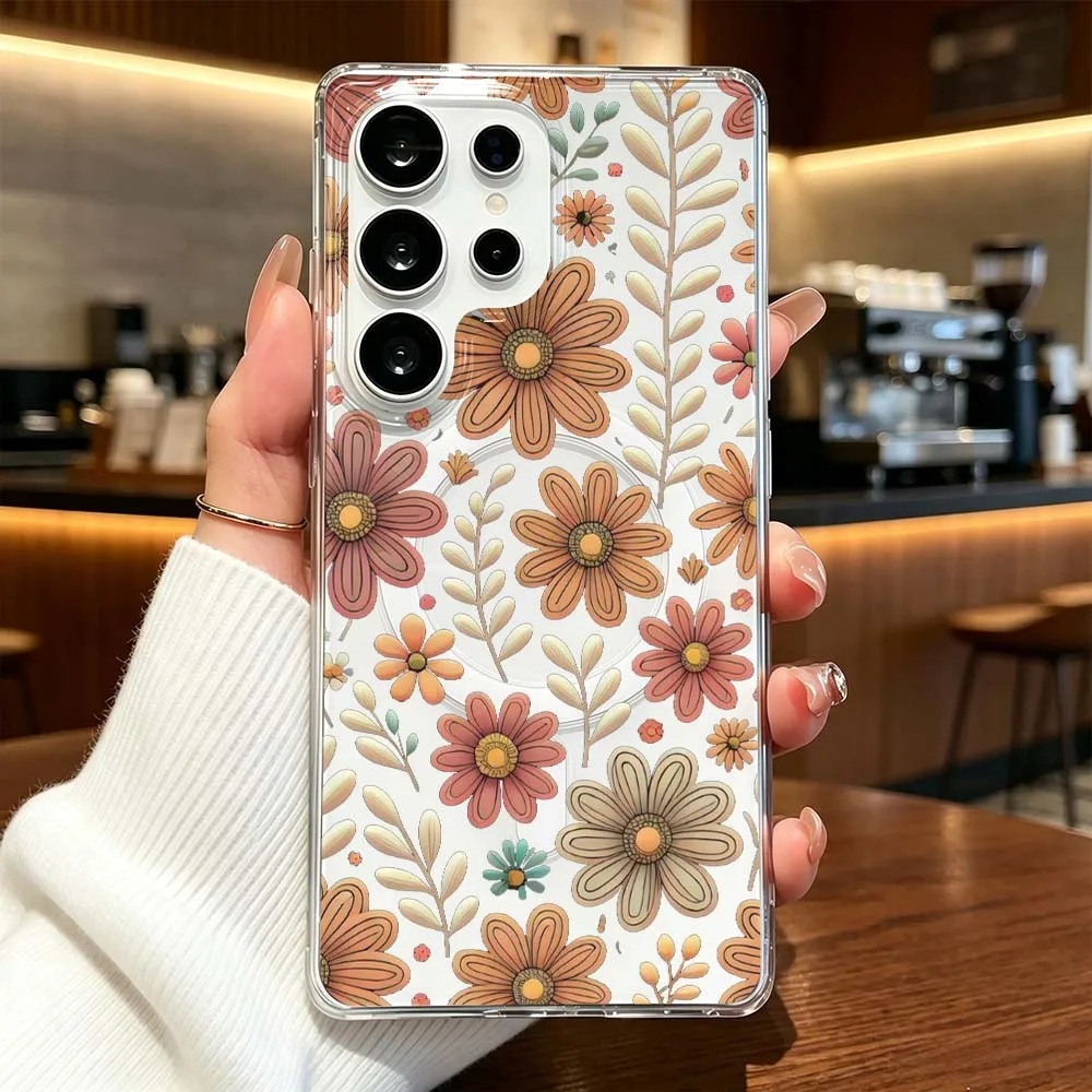 Creative Retro Flower Pattern Phone Case For Samsung Galaxy S26 S25 S24 S23 S22 Ultra FE Plus A56 Transparent Magnetic Cover