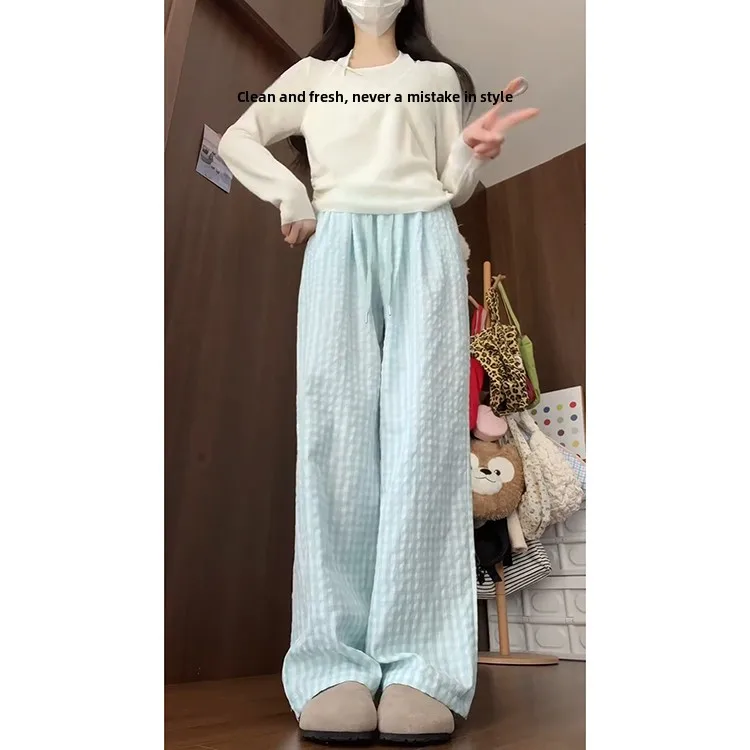 Salted Sea Blue Casual Pants Women's Spring Summer New Sle Slimming Versatile Lazy Wide Leg Pants Sweet Sle High Waist St...