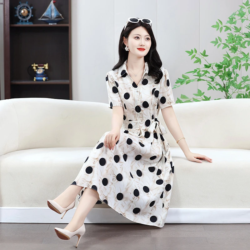 Novo vestido feminino com gola de camisa de bolinhas, emagrecimento, linha a, manga curta, cintura, verão, elegante, sensação de moda