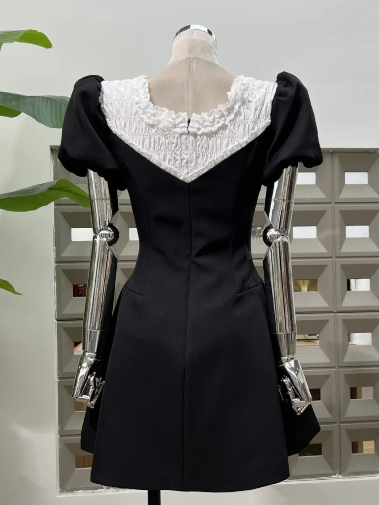 Dfdg feminino preto retalhos puff manga curta smocked cintura vestido elegante designer premium cocktail festa primavera verão 2025