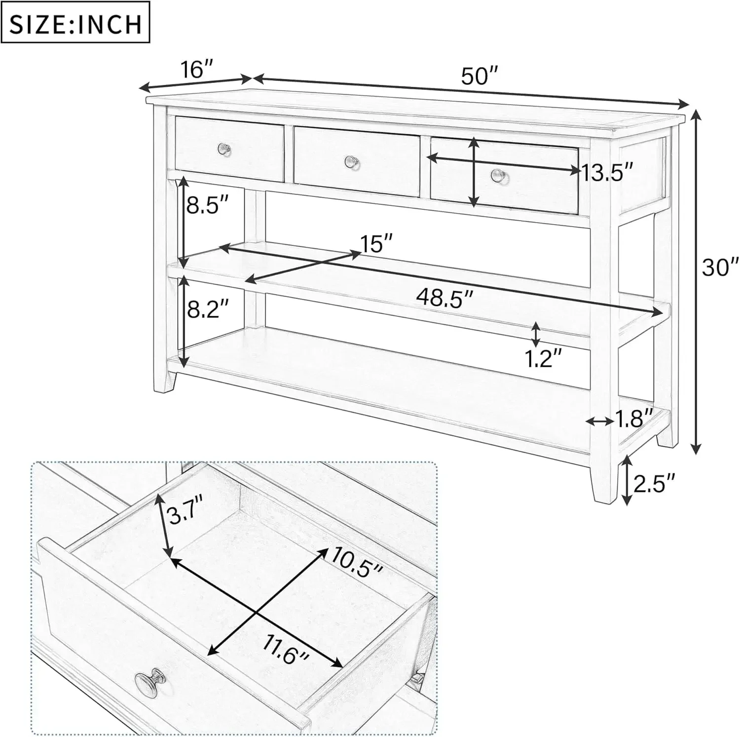 Retro Console Entryway Table Sofa  Foyer  with 3 Top Drawers & 2 Open Storage Shelves for Living Room Entryway