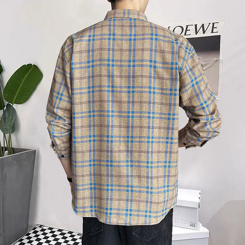 Men\'s Shirt and Blouse Long Sleeve Male Top with Pocket Plaid Cheap Brand Button Original Luxury Social Aesthetic Collar Clothes