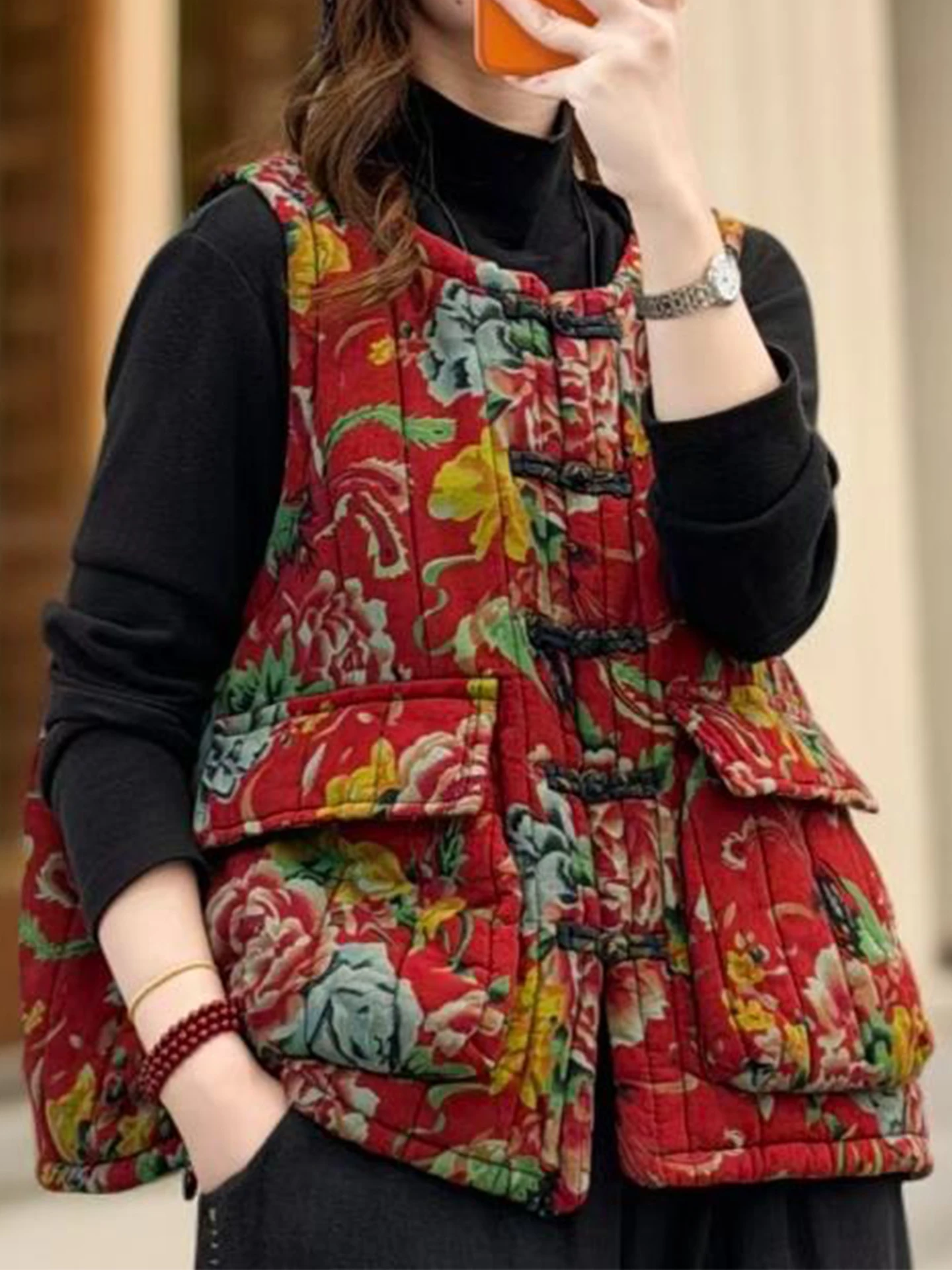 

Retro Ethnic Style Cottonadded Vest Short Buttoned Women's Fashionable Casual Artistic Autumn Winter Fashion National Style