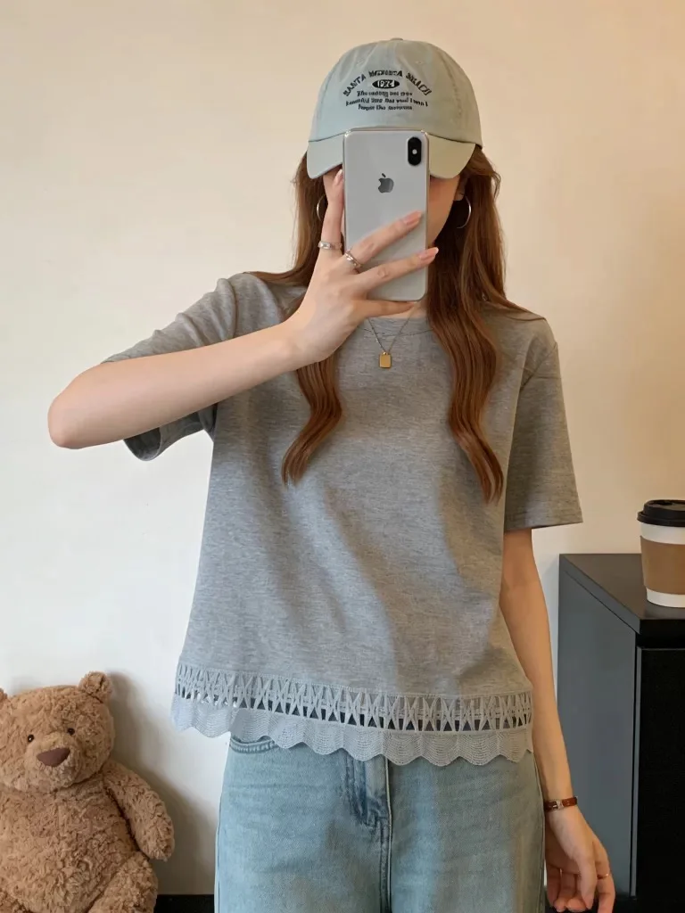 Loose Casual White Lace T-Shirt Women's New Style Summer Cotton 95% Elastic Fiber 5% Short Sleeve Splice Casual Top