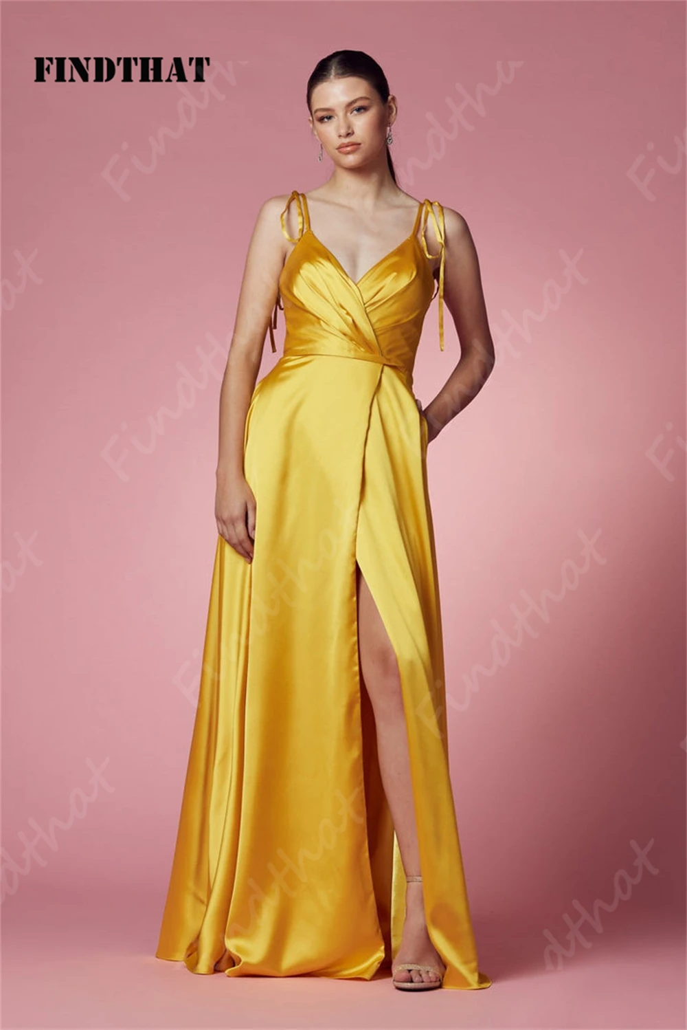 Findthat Yellow Bridesmaid Dresses V-Neck Spaghetti-Strap Satin Evening Party Dress 2024  A-Line Prom Gown Side Slit Custom Made