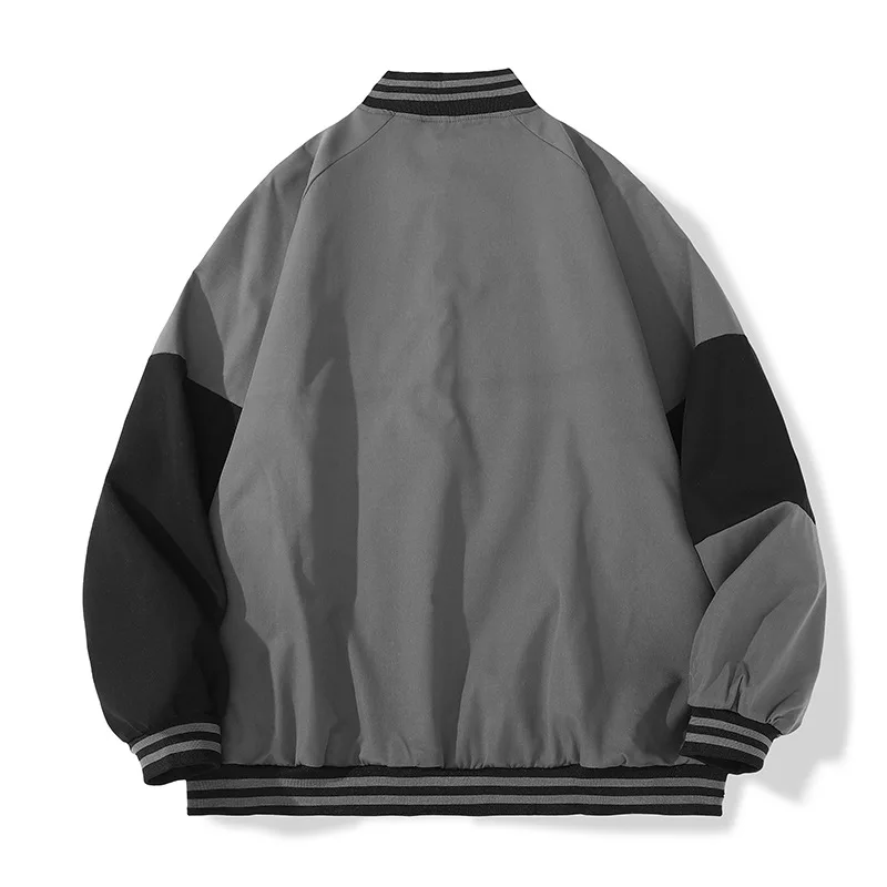 แจ็กเก็ตเบสบอลคอตั้งติดกระดุมสำหรับผู้ชาย, เสื้อโค้ทเย็บปะติดปะต่อกันเสื้อผ้าแนวสตรีทฮิปฮอปแจ๊กเก็ตทรงหลวมลำลองฤดูใบไม้ผลิฤดูใบไม้ร่วง