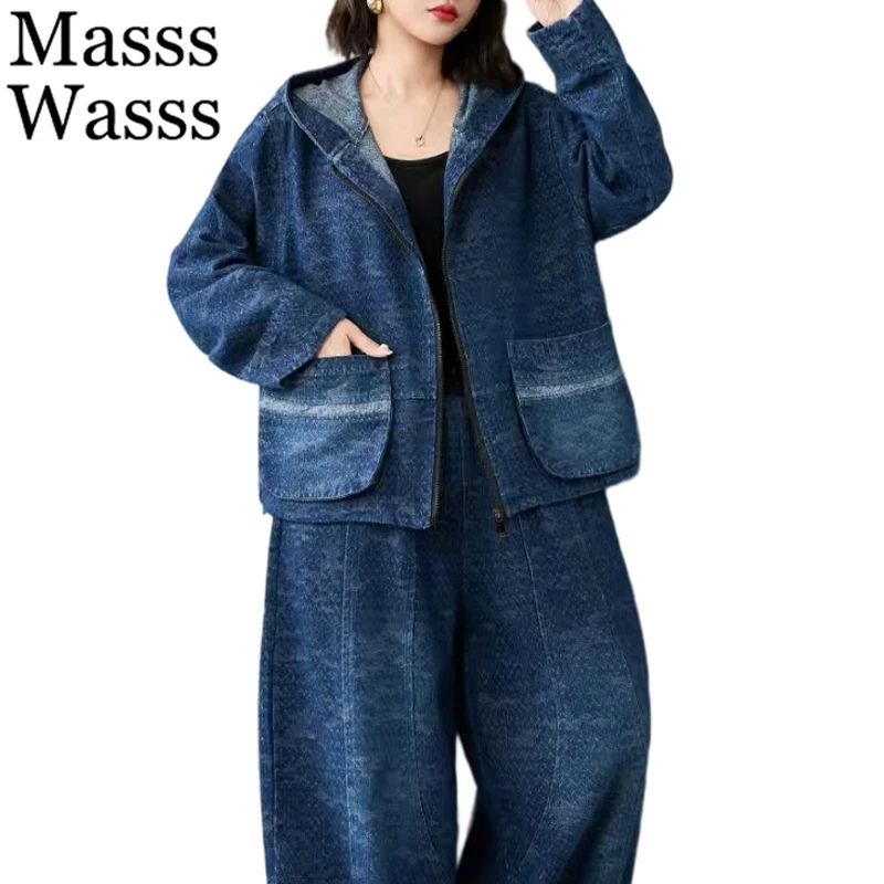 

Masss Wasss Winter Womens Fashion Outfits Vintage Hooded Jacket Suits Denim 2 Pieces Sets Loose Coats Punk Jeans Leisure Pants