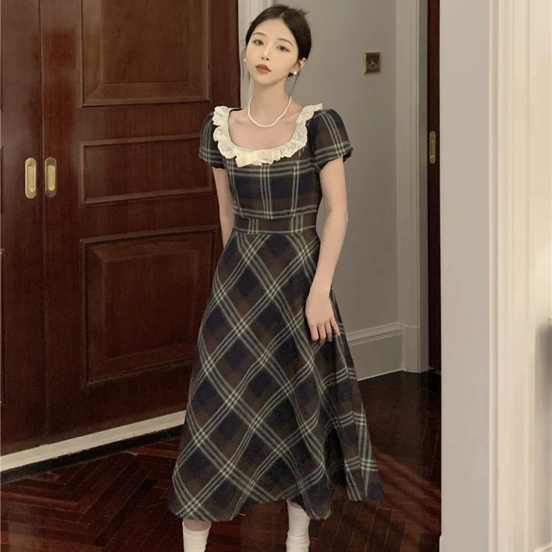 Plaid Elegant Vintage Dress Woman Slim Lace Patchwork Female Midi Dress Casual Square Collar Puff Sleeve New Ladies Vestidos