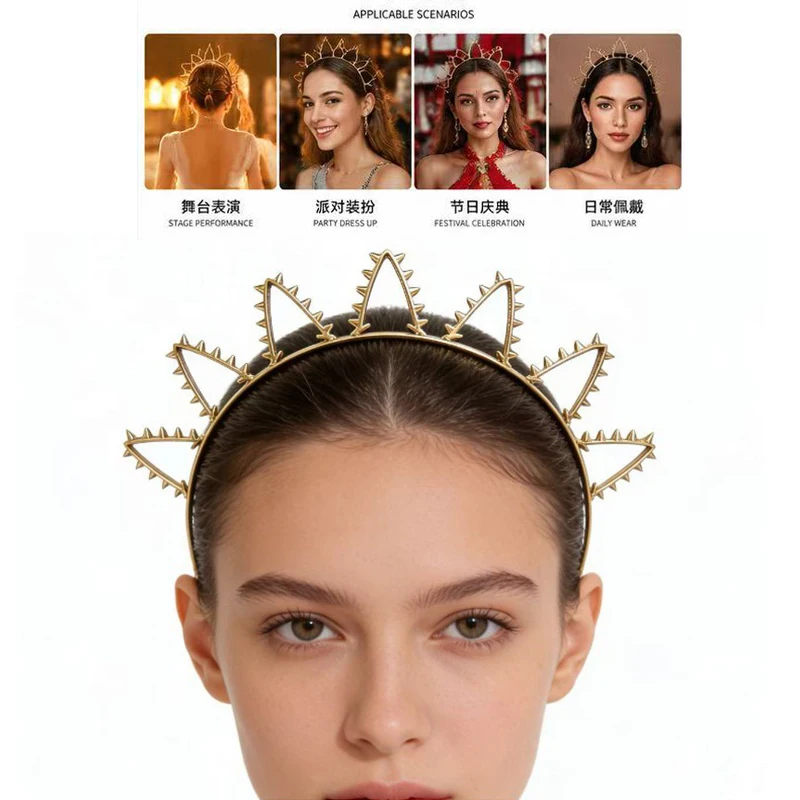 Sun Goddess Halo Crown Gold Sunburst Spiked Metal Headpiece for Women Renaissance Halloween Cosplay Party Hair Accessory