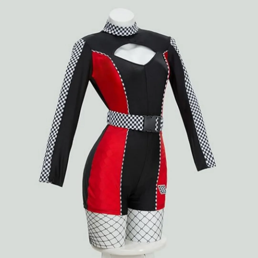 

Adult Race Car Driver Costume - Checkered Pattern Romper Long Sleeve Jumpsuit Racing Girls Cosplay Costume