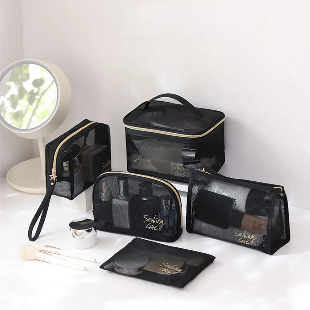 1/5Pcs Black Transparent Portable Toiletry Organizer Mesh Cosmetic Bag Makeup Pouch Travel Storage Case