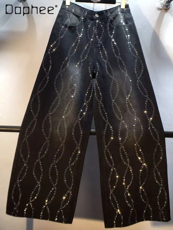 

2026 Spring Clothing New Heavy Industry Spiral Hot Drill High Waist Skinny Straight Jeans Trousers Women's Pants