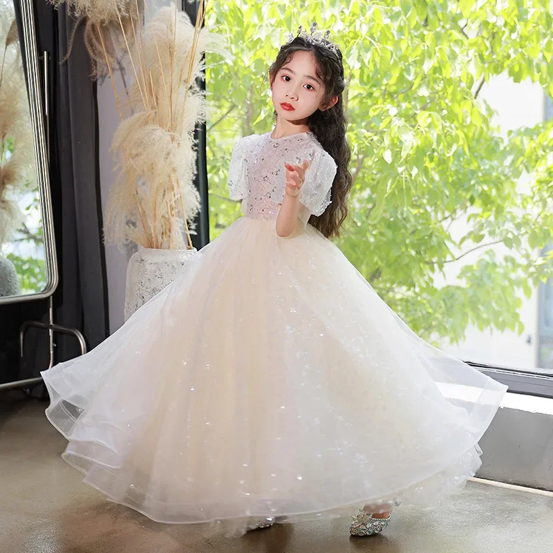 

Children's Princess Long Skirt Fluffy Yarn Flower Girl Wedding Dress High-end Prom Christmas Easter Host Evening Dress Costume