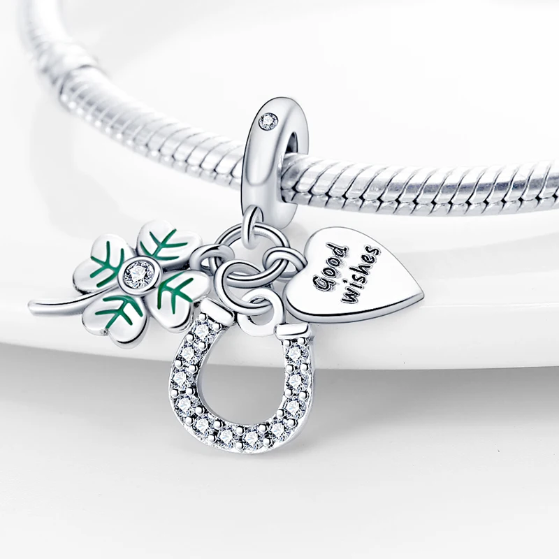 Original 925 Sterling Silver 3Pcs Horseshoe Clover Charms Pendant Zircon Dangle For Women Fine DIY Birthday Jewelry Gifts