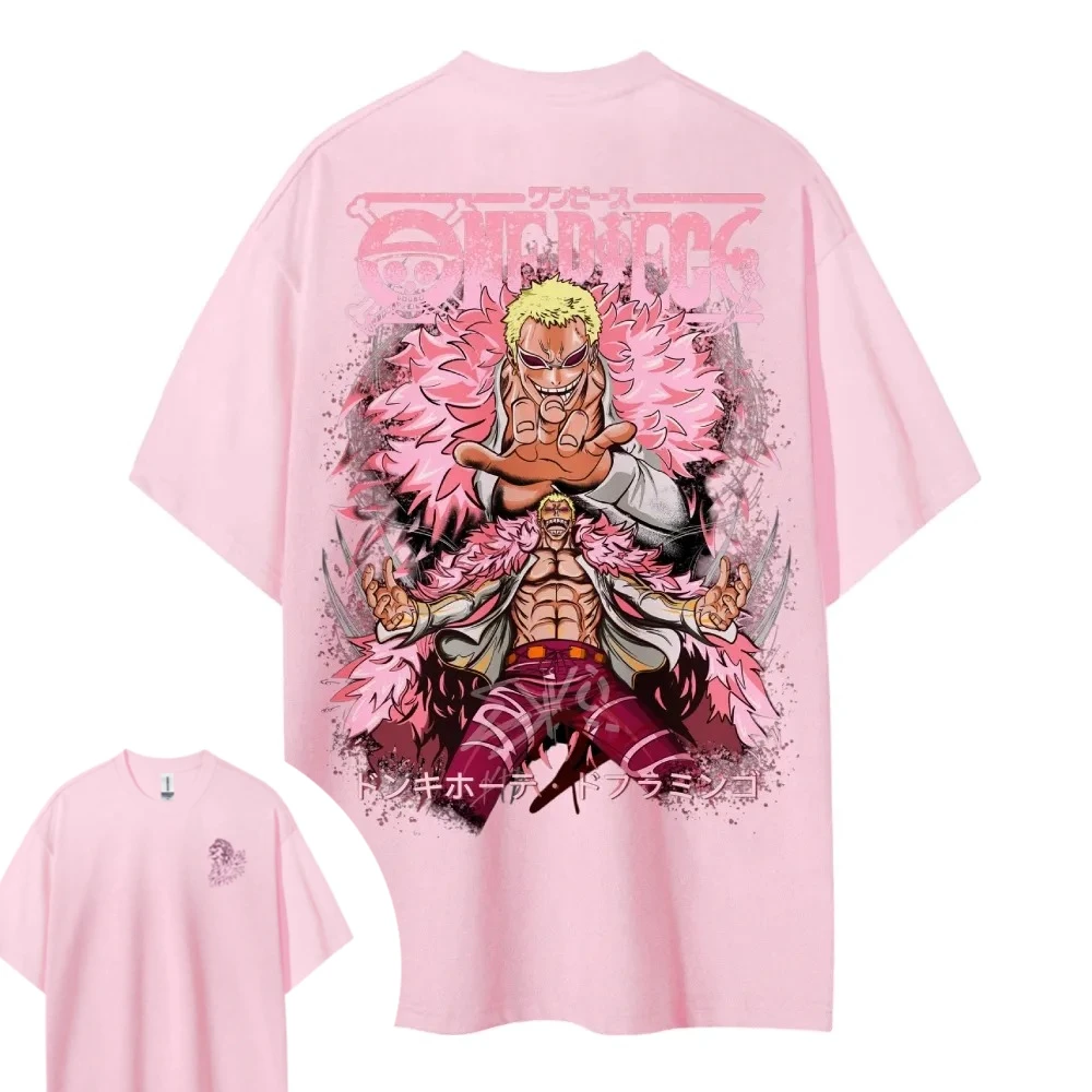 

One Piece Doflamingo Аниме Двусторонний принт для мужчин и женщин 2026 Чистый хлопок Новый летний американский повседневный топ с короткими рукавами